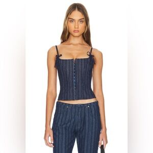 Lioness for Revolve Charismatic Denim Corset Top in Dark Pinstripe